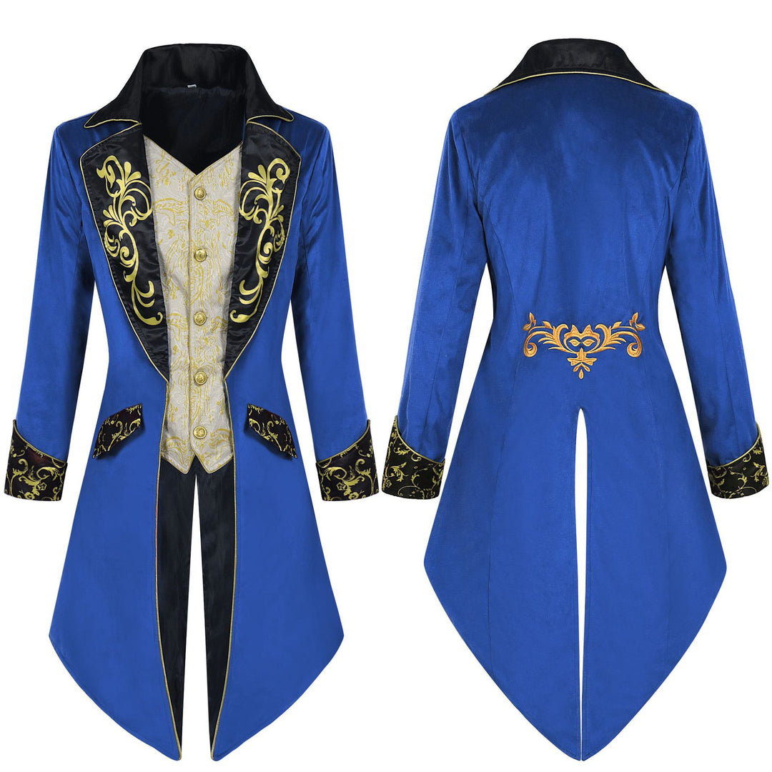Men's elegant tailcoat in Baroque style with gold-embroidered lapels and split tail.