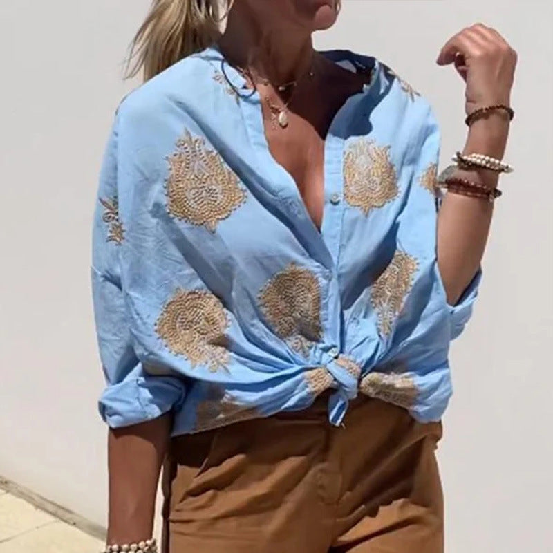 Women's oversized shirt blouse with knot front and paisley embroidery Mune Fashion