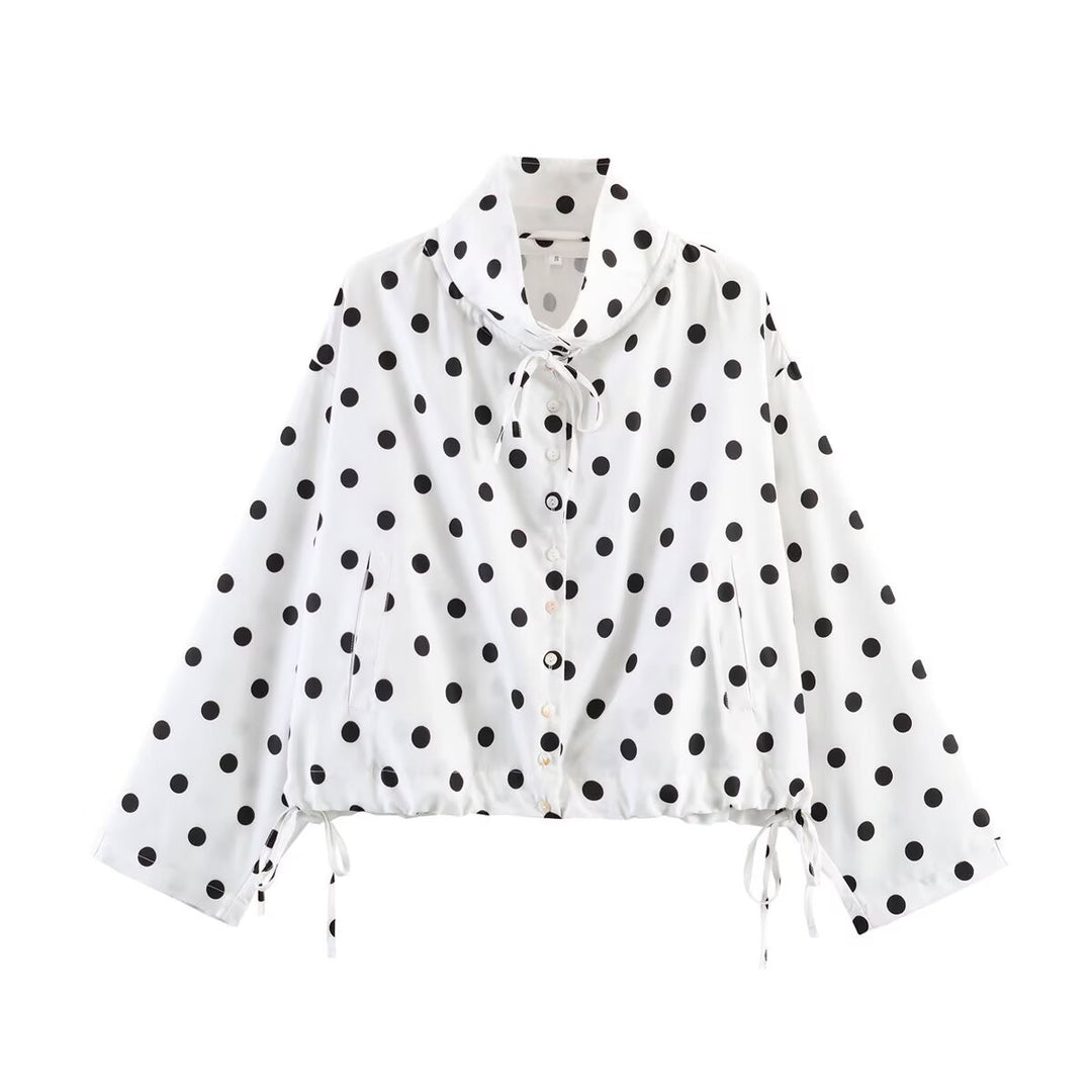 Women Polka Dot Cropped Blouse Jacket with High Tunnel Neck Collar and Drawstring Waist Mune Fashion
