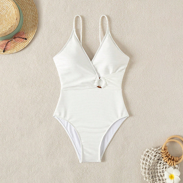 Women One-Piece Swimsuit with Romantic Wrap Design and Fashionable Ring Detail Mune Fashion