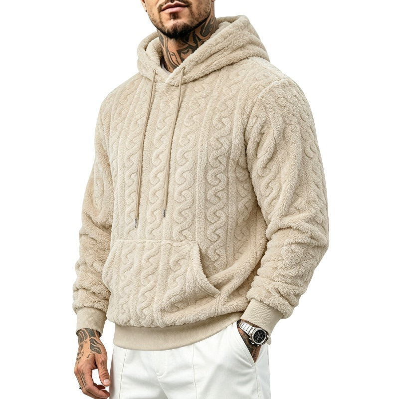 Men's cozy teddy fleece hoodie with cable pattern and kangaroo pocket Mune Fashion