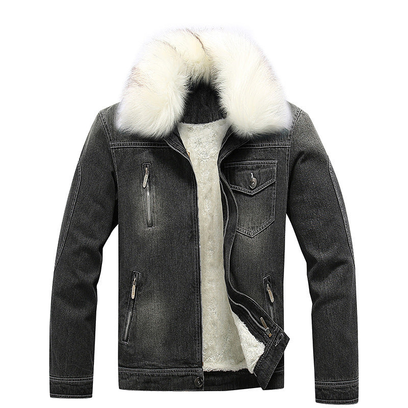 Men's denim jacket with teddy lining, padded interior, and removable faux fur collar Mune Fashion