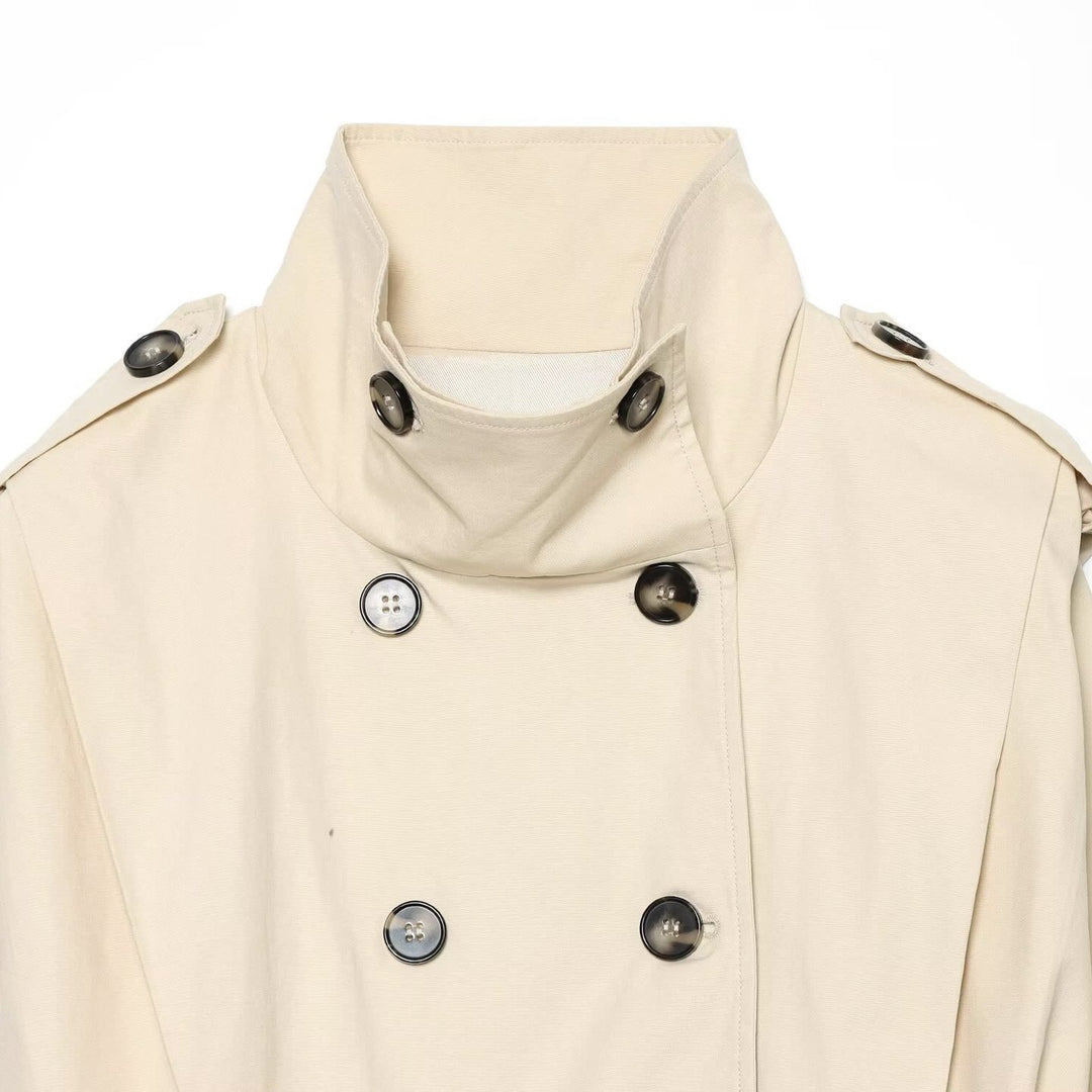 Women's Cropped Double-Breasted Trench Blouson with High Stand Collar, Epaulettes and Elastic Hem Drune