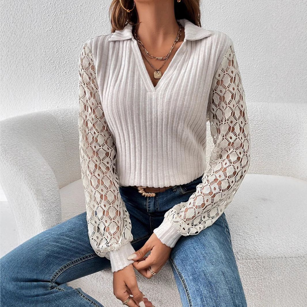 Women's ribbed fine knit polo with crochet sleeves and V-neck Mune Fashion