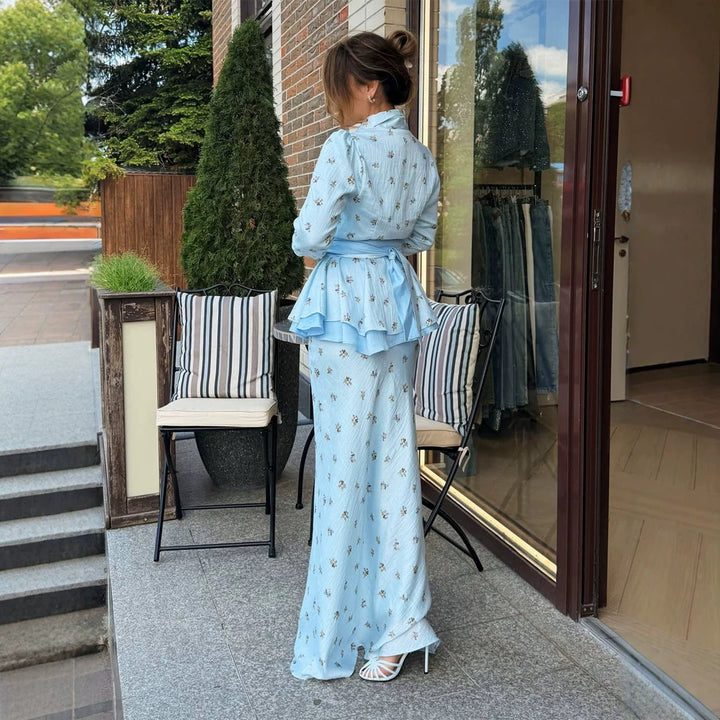 Women's Two-Piece Wrap Set with Peplum Jacket and Figure-Hugging Maxi Skirt Mune Fashion
