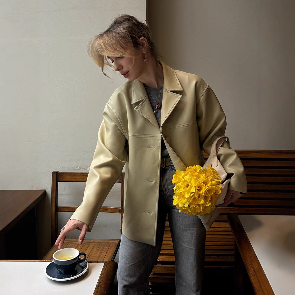 Women Boxy Oversized Blazer Jacket made of vegan leather imitation with dropped shoulder Mune Fashion