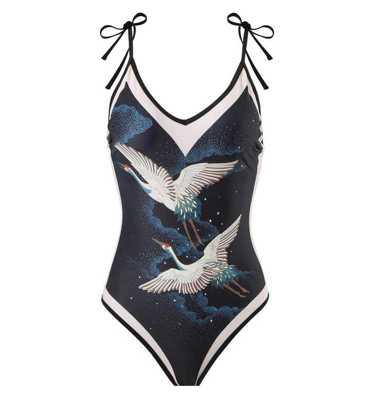 Women's One-Piece Swimsuit with Stylish Crane Design Mune Fashion