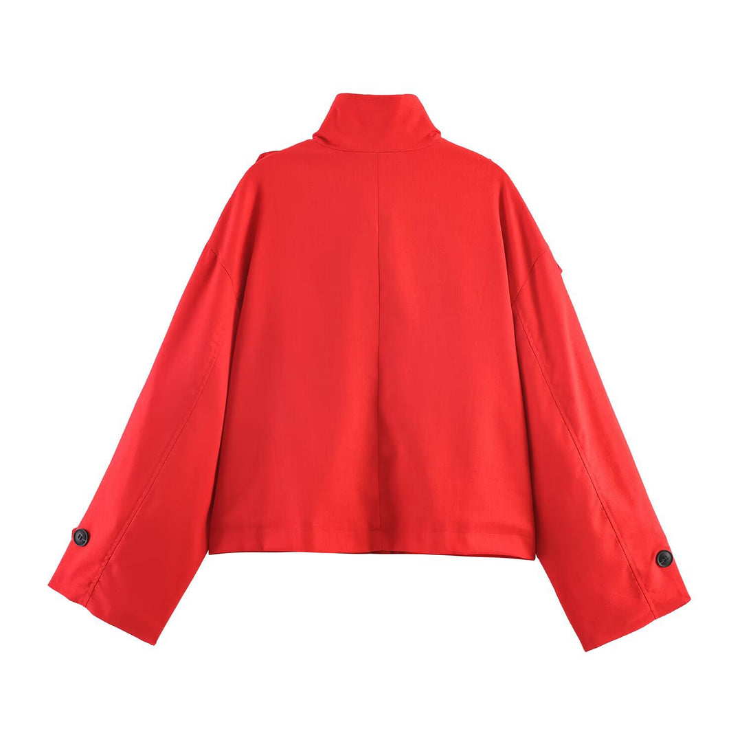 Women's Short Cut Oversized Trench Coat with Stand Collar and Epaulettes Mune Fashion