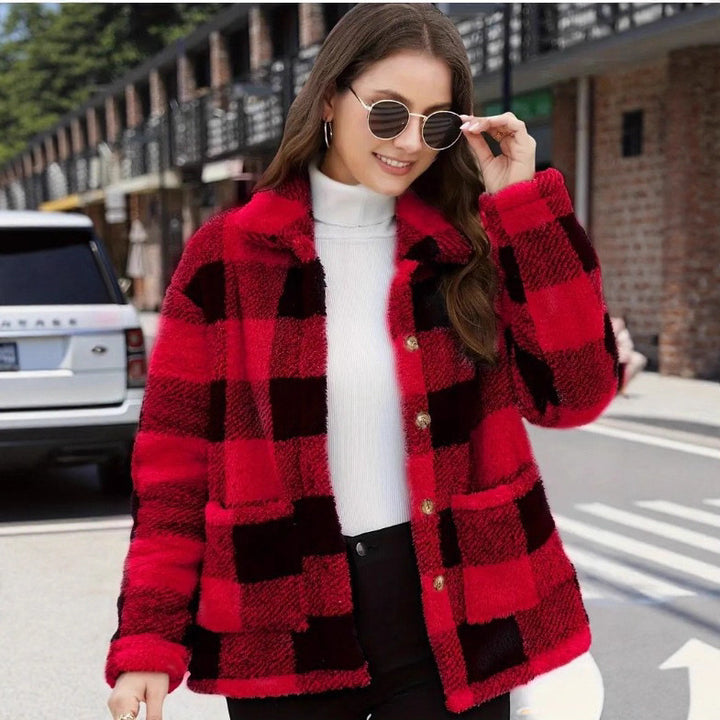 Ladies non-padded checkered teddy fleece shacket with button placket and patch pockets Mune Fashion