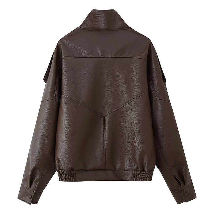 Women's Oversized Faux Leather Jacket with Shirt Collar and Elastic Hem Mune Fashion