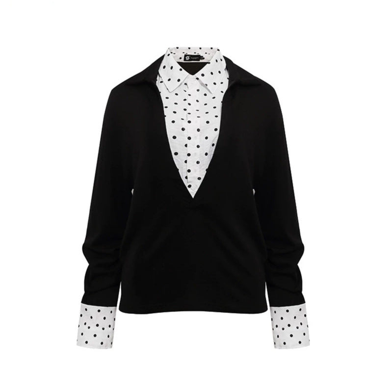 Women Layered Long Sleeve Shirt with Deep V-Neck, Attached Placket and Polka Dot Details Mune Fashion