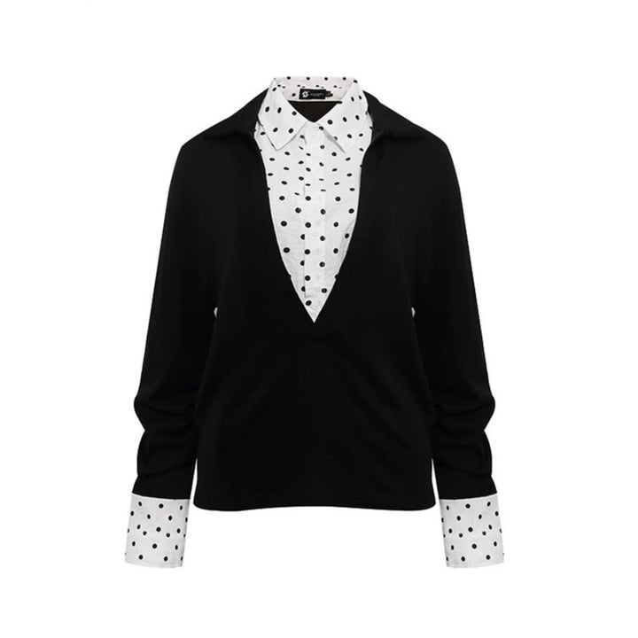 Women Layered Long Sleeve Shirt with Deep V-Neck, Attached Placket and Polka Dot Details Mune Fashion