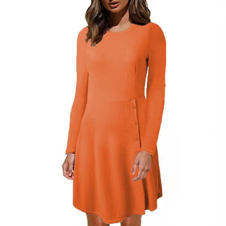 Women's Ribbed A-Line Dress with Round Neckline, Long Sleeves and Side Button Placket Mune Fashion