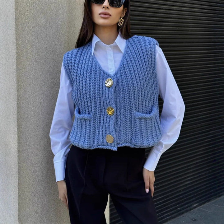 Women's Chunky Knit Cropped Vest with V-Neck and Gold Decorative Buttons Mune Fashion