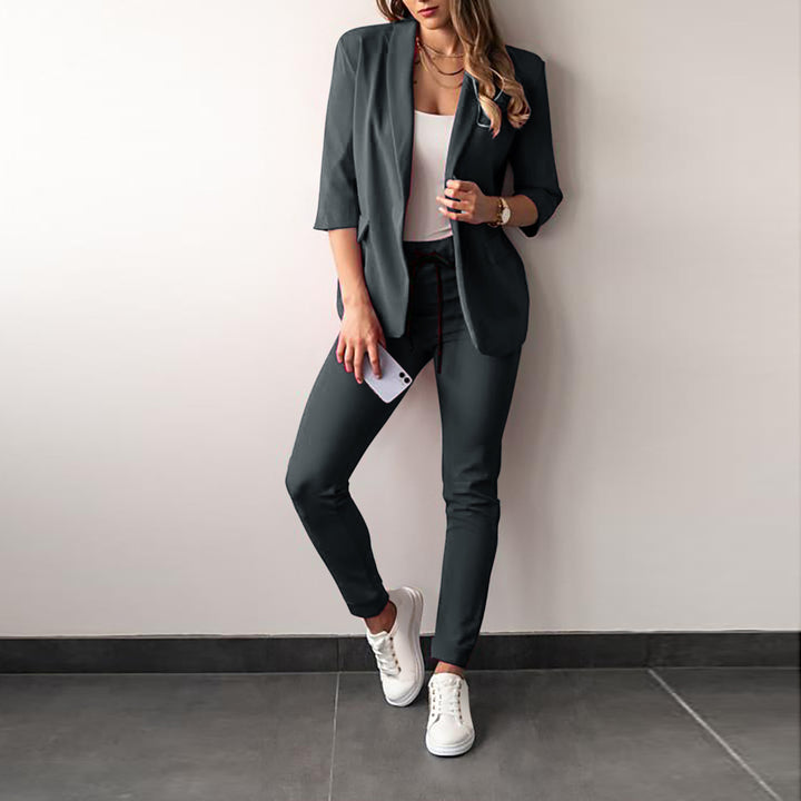 Ladies Longline Blazer and Slim Jogger Set with Three-Quarter Sleeves and Drawstring Waist Mune Fashion