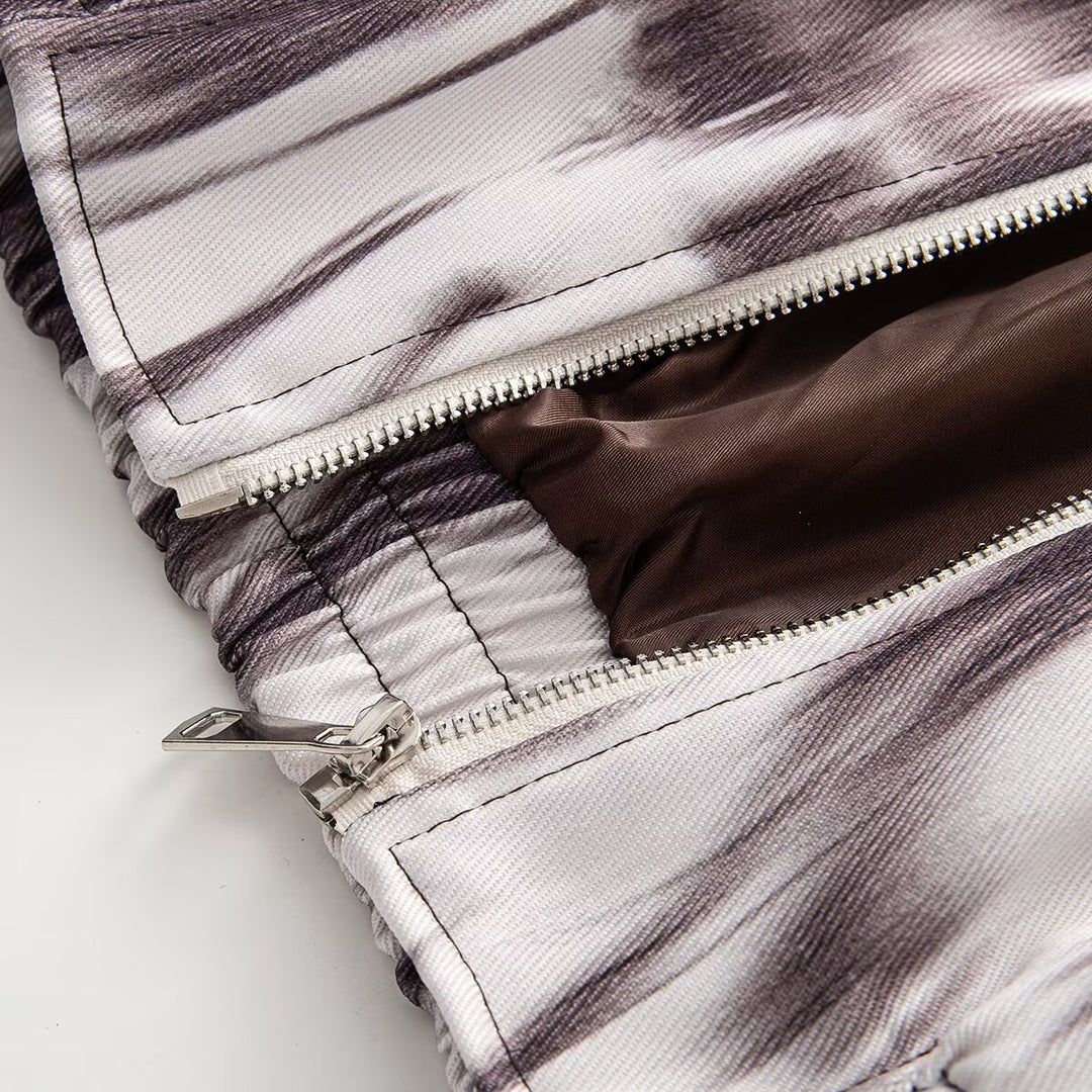 Women Short Bomber Jacket with Abstract Brush Print and Leather-Look Collar Mune Fashion