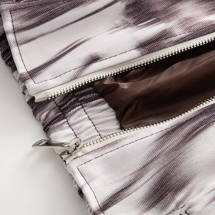 Women Short Bomber Jacket with Abstract Brush Print and Leather-Look Collar Mune Fashion