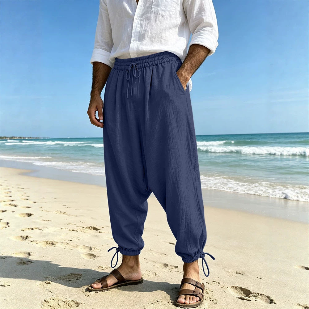 Men's Loose Linen Harem Pants with Elastic Waistband and Adjustable Ankle Cuffs Mune Fashion