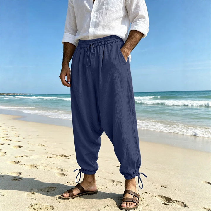 Men's Loose Linen Harem Pants with Elastic Waistband and Adjustable Ankle Cuffs Mune Fashion