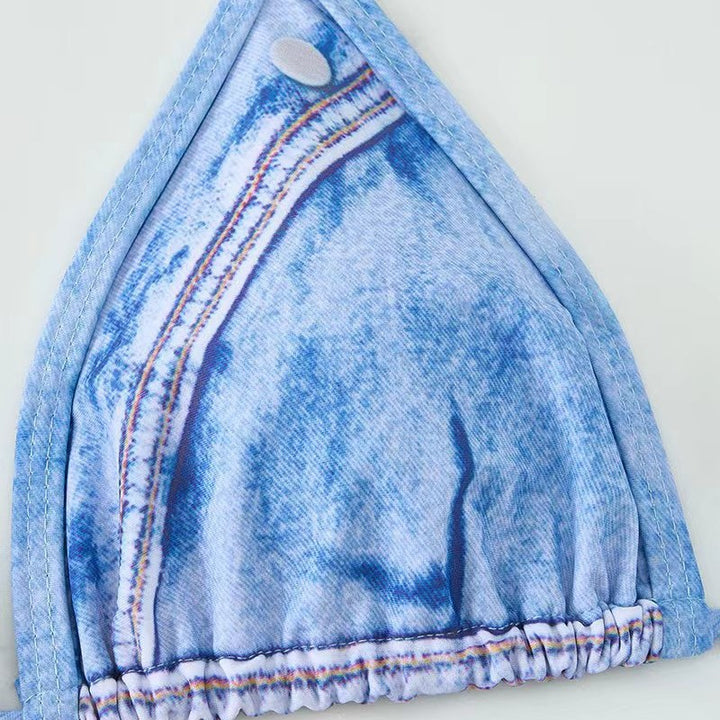 Ladies Triangle Bikini with Jeans Look and Woven Ties Mune Fashion