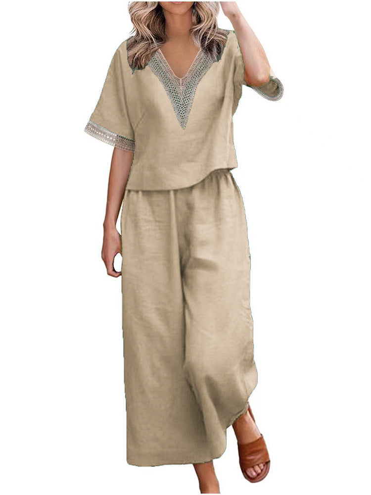 Ladies Fashionable Two-Piece Set with V-Neck and Decorative Accents Mune Fashion