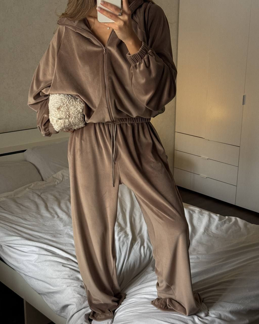 Women's Casual Lounge Two-Piece Set with Oversized Zip Jacket and Wide Leg Pants Mune Fashion