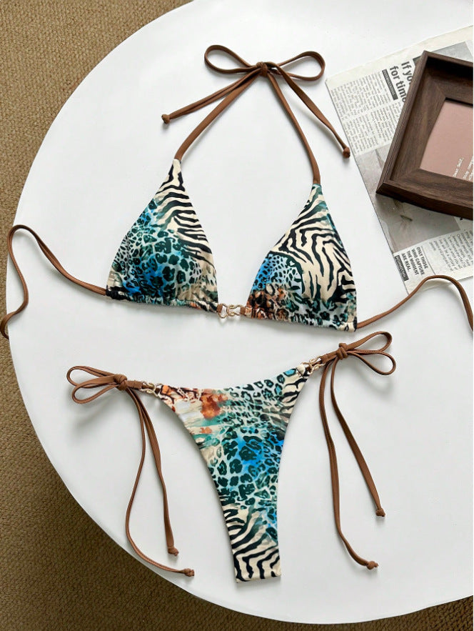 Women's triangle bikini with exciting animal print and fashionable tie bands Mune Fashion