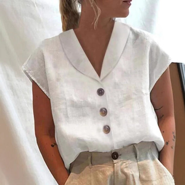 Women's airy linen blouse with wide V-neck, dropped shoulder and decorative button placket Mune Fashion