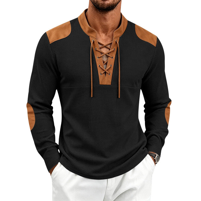 Men's Waffle Knit Long Sleeve Shirt with Laced Collar and Faux Leather Patches Mune Fashion