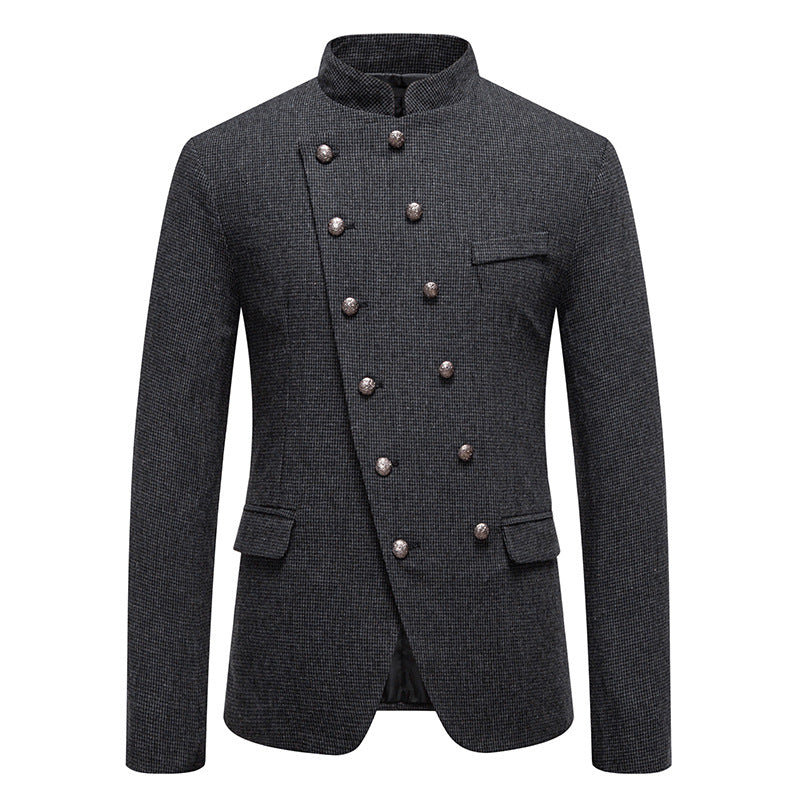 Men's fashionable military blazer with standing collar, decorative button row, and fine texture Mune Fashion