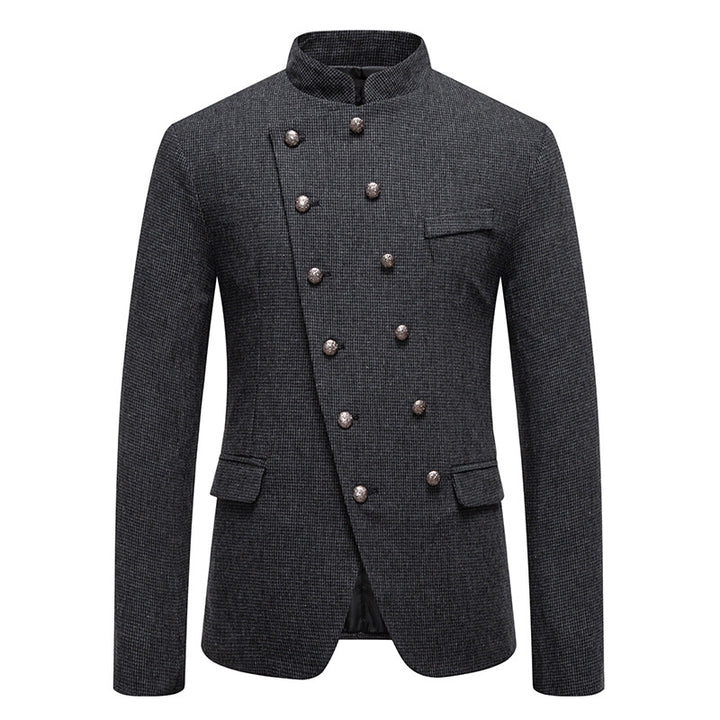 Men's fashionable military blazer with standing collar, decorative button row, and fine texture Mune Fashion
