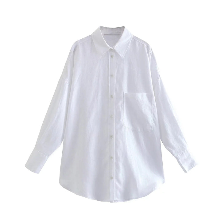 Women's Oversized Shirt Blouse made of Linen Blend with Dropped Shoulder and Chest Pocket Mune Fashion