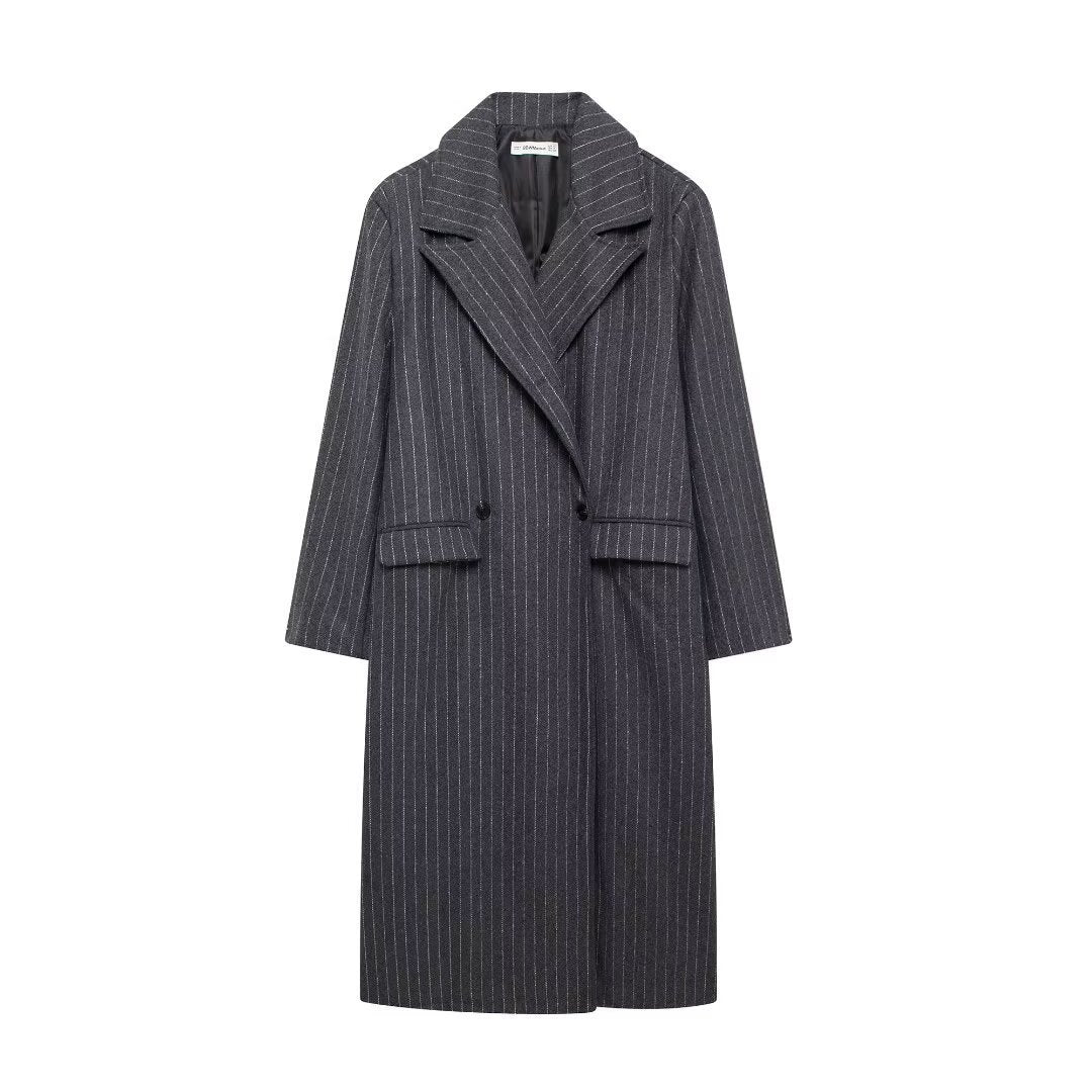 Ladies long tailored pinstripe wool blend coat with lapel collar and patch pockets Mune Fashion