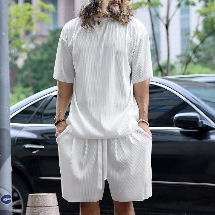 Men's modern ribbed leisure set with wide short-sleeve shirt and elastic drawstring pants Mune Fashion