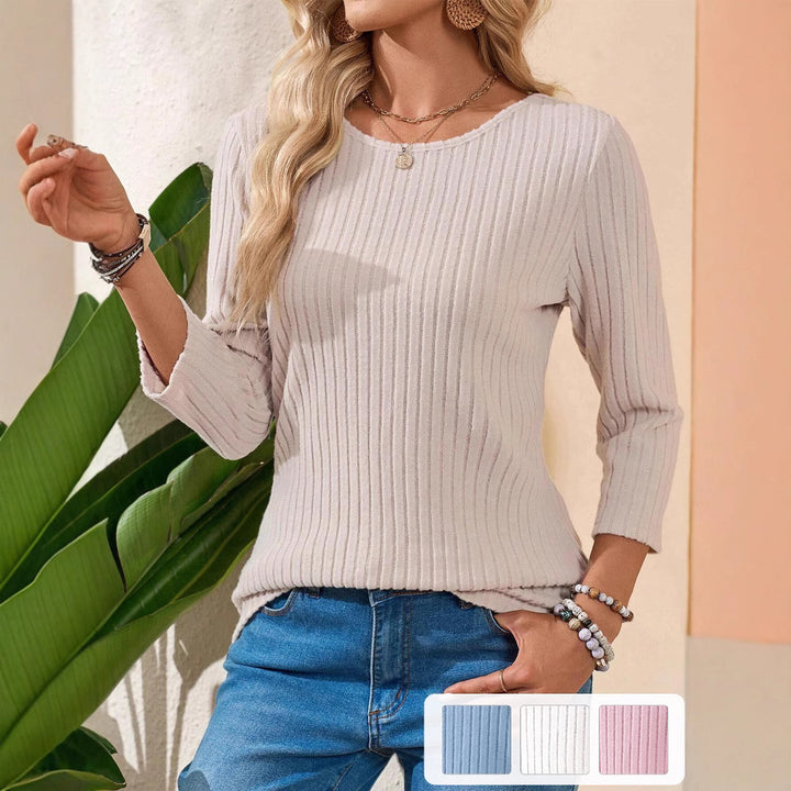 Women's Ribbed Fine Knit Sweater with Three-Quarter Sleeves and Round Neckline Mune Fashion