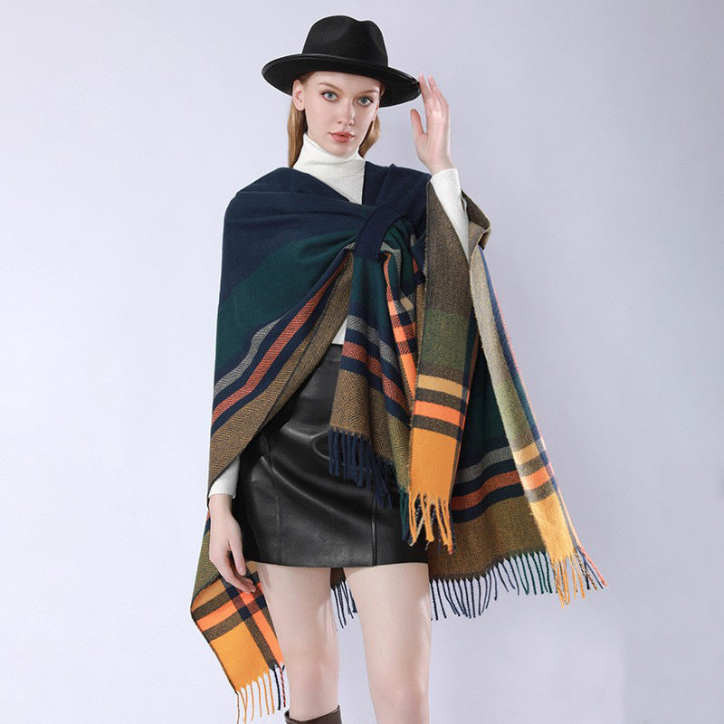 Women's Oversize Poncho Wrap with Drawstring, Check Pattern and Fringe Hem Mune Fashion