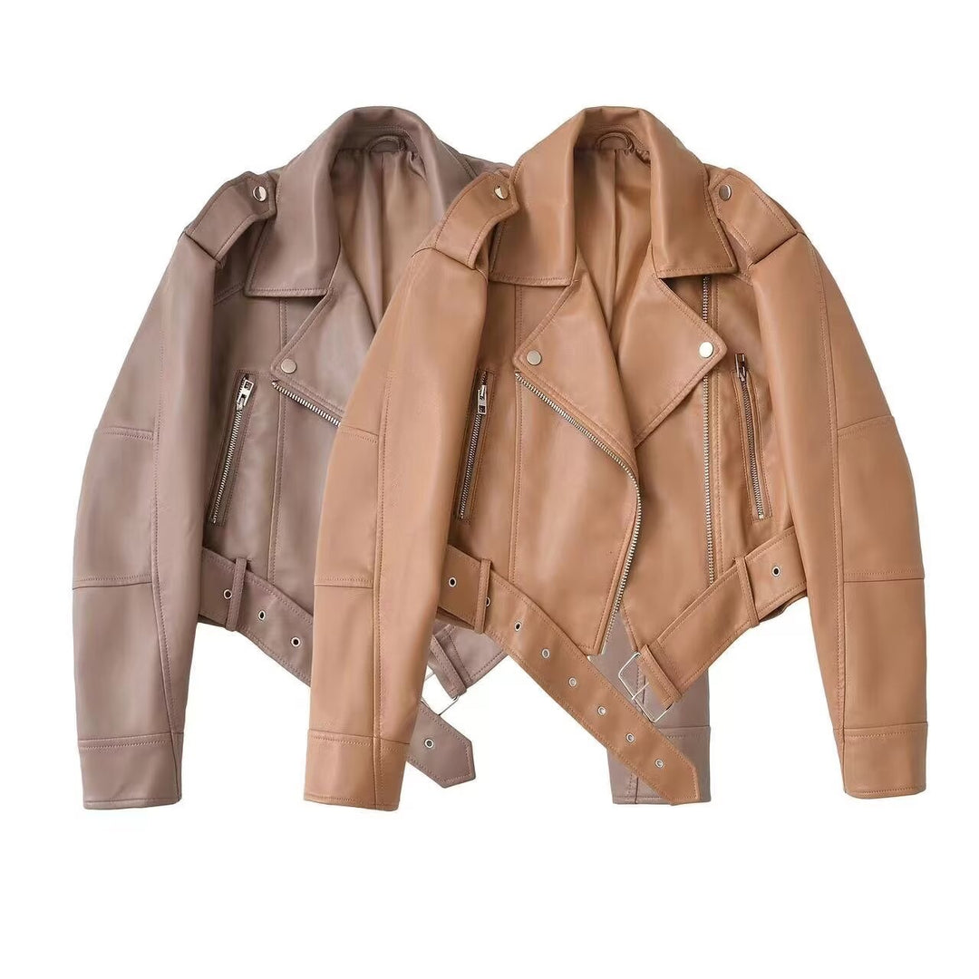 Women tailored faux leather biker jacket with belt Mune Fashion