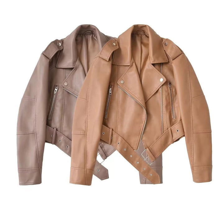 Women tailored faux leather biker jacket with belt Mune Fashion