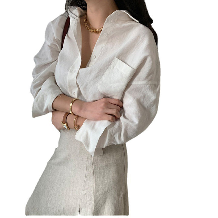 Women's linen blend shirt in relaxed boxy cut with Kent collar and chest pocket Mune Fashion