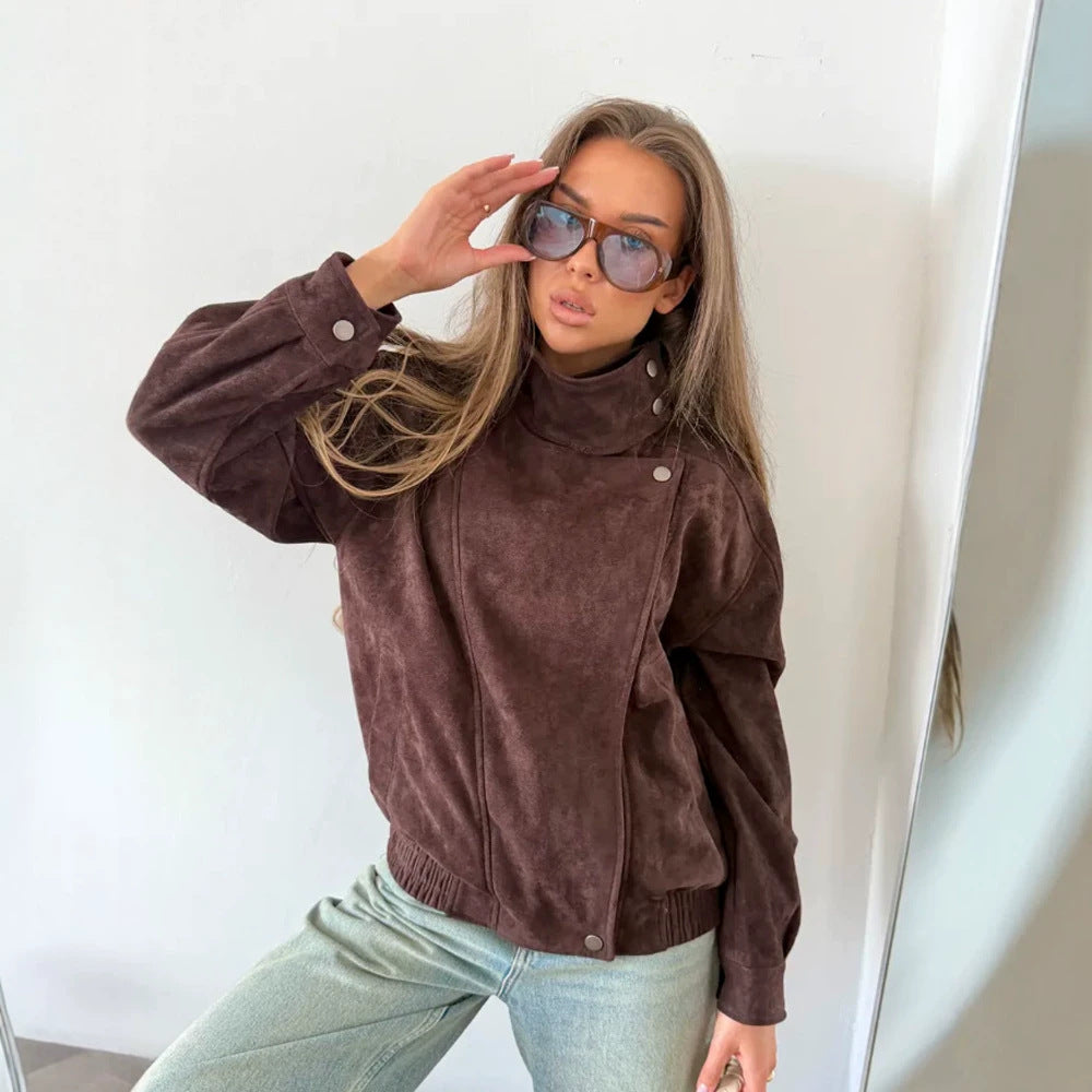 Women Oversize Suede-Look Biker Jacket with High Standing Collar Mune Fashion