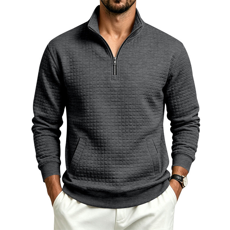 Men's Structured Stand Collar Half Zip Sweatshirt with Checkered Pattern and Kangaroo Pocket Mune Fashion