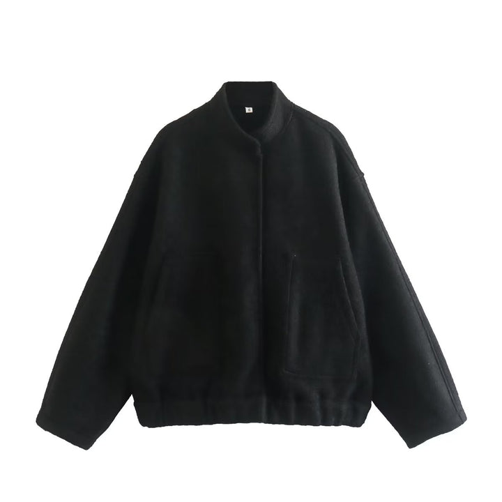 Women’s nan boxy wool blend blouson with stand-up collar, concealed front placket, side pockets and elastic hem Mune Fashion