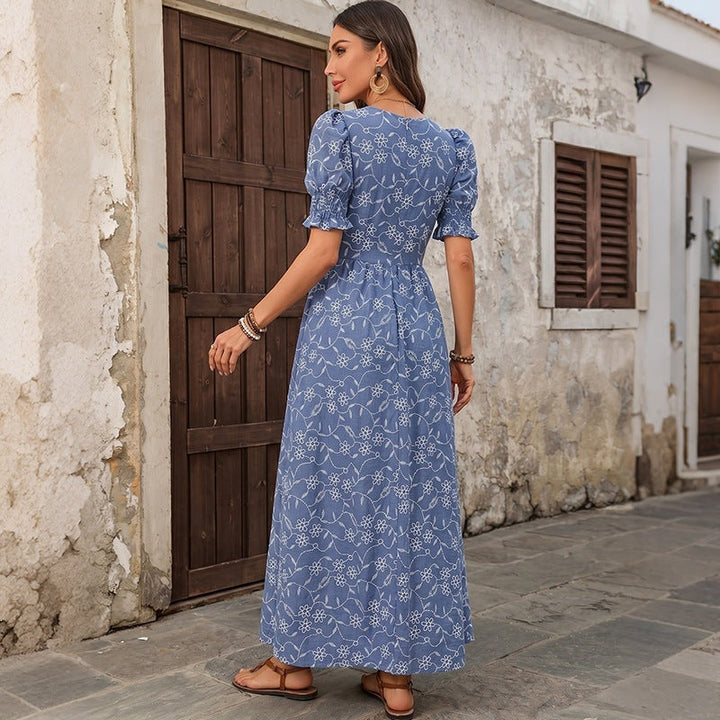 Women's Long Light Summer Maxi Dress with Square Neckline, Puff Sleeves and Floral Embroidery Look Mune Fashion