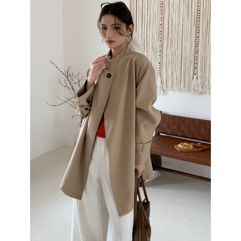 Ladies Short Oversized Coat with Tie Belt, Wide Flap Pockets and Casual Shoulder Mune Fashion