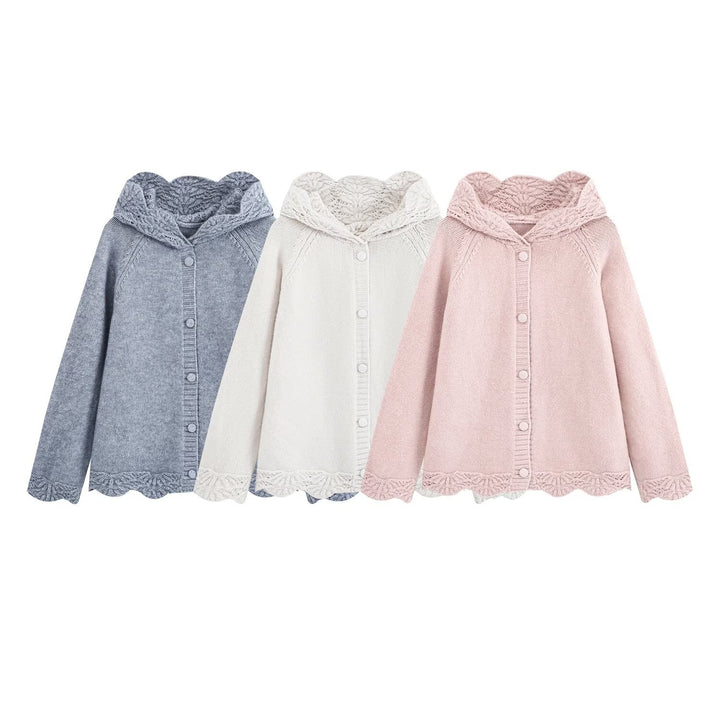 Women's fine knit cardigan with hood, button placket and crocheted trim Mune Fashion