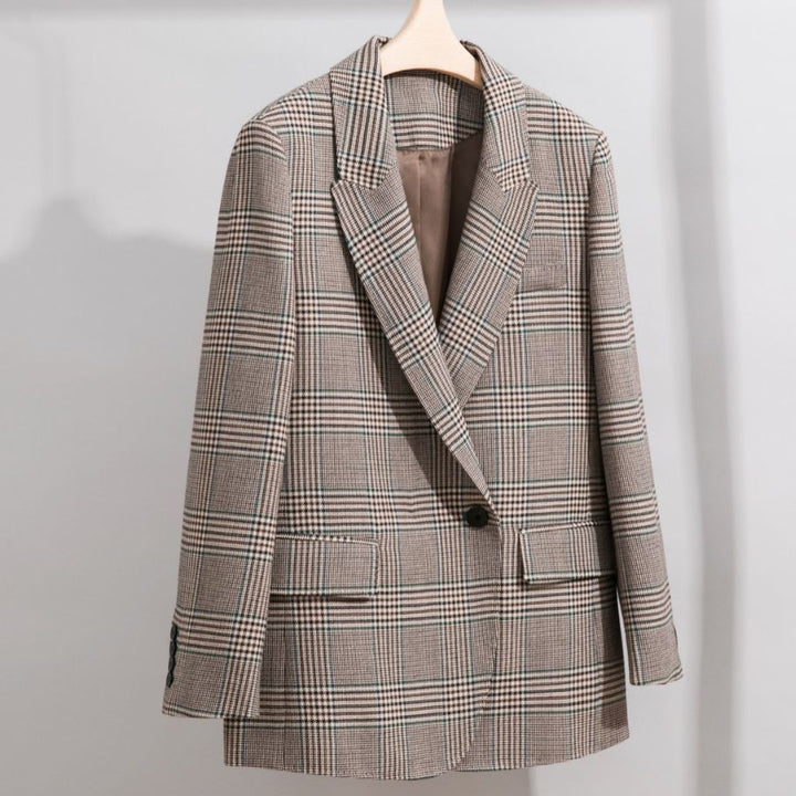 Women's Glencheck Oversize Blazer with Structured Shoulder and Patch Pockets Mune Fashion