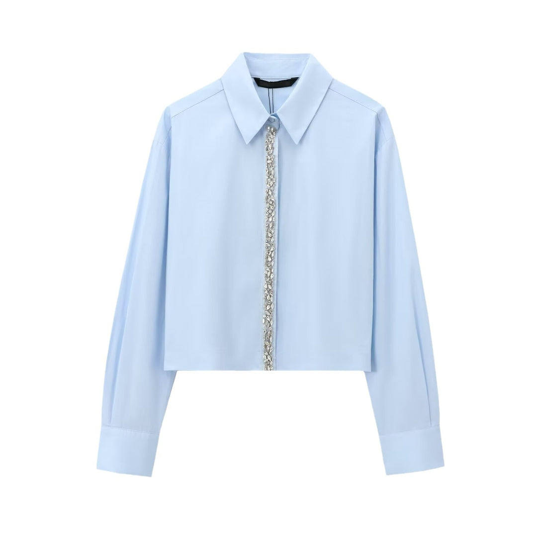 Women's Cropped Shirt with Crystal Decoration and Oversized Collar Mune Fashion