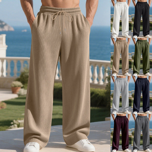 Men's ribbed fine knit lounge pants with wide leg, elastic drawstring, and side pockets Mune Fashion