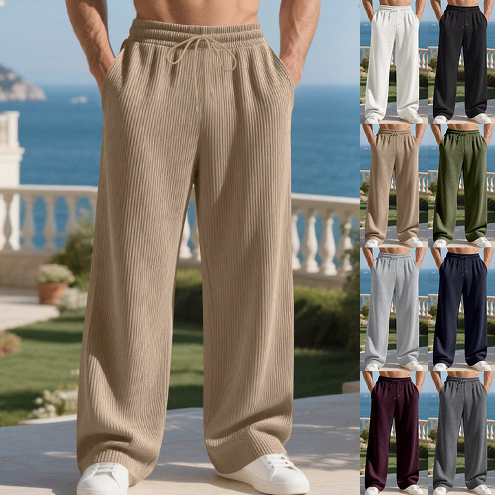 Men's ribbed fine knit lounge pants with wide leg, elastic drawstring, and side pockets Mune Fashion
