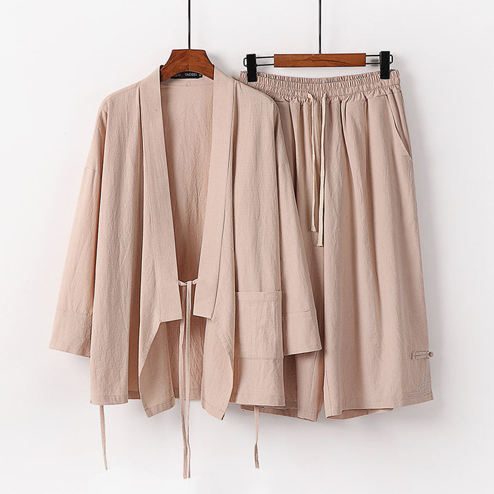 Women's Zen-Kimono-Lounge-Set made of breathable cotton blend with tie waist jacket and wide culotte pants Mune Fashion